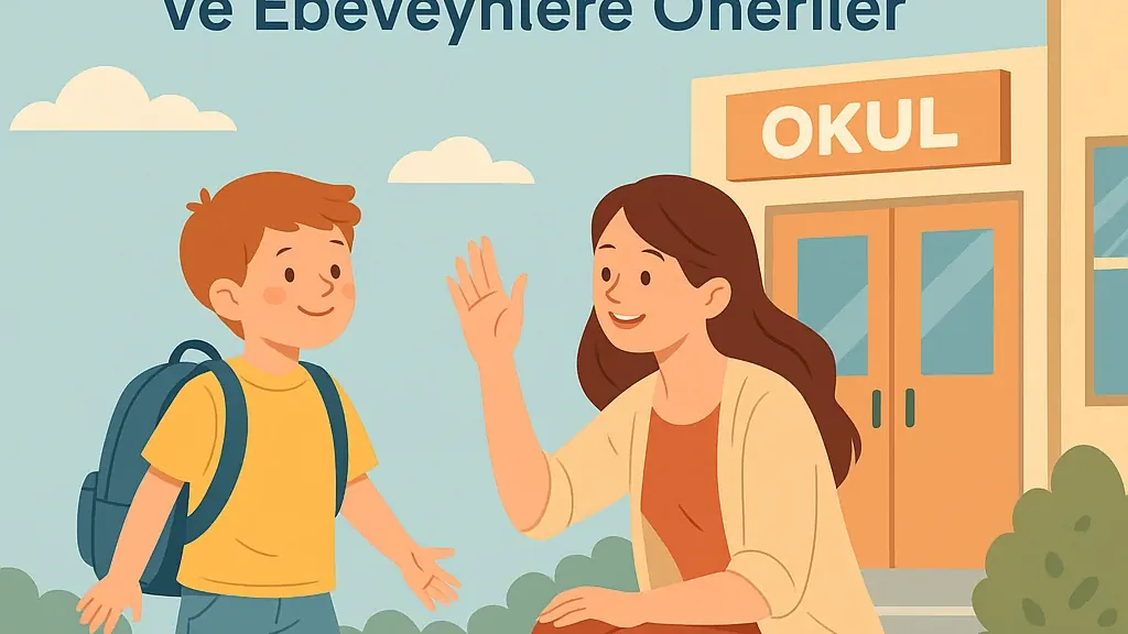 Okula uyum sürecindeki çocuk ve ebeveyni gösteren illüstrasyon